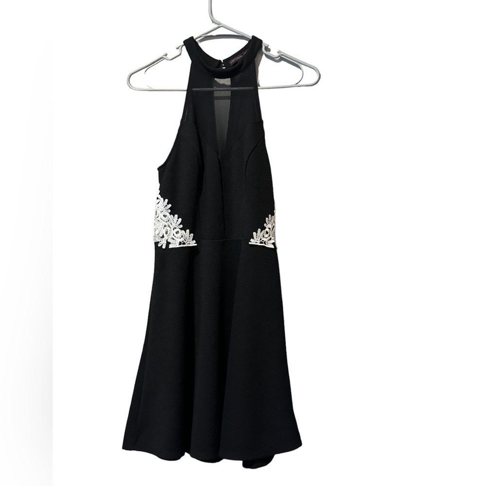 Material girl black formal cocktail dress with white floral lace sides halter M
